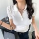 European Style Polo Collar Hidden Button White Short-Sleeve T-Shirt for Women, 2025 Summer New Base Layer Top, Short Style