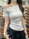 Chic Asymmetrical Waist-Cinching Pleated T-Shirt for Women, Unique and Beautiful Summer Top with Slanted Shoulders, Hot Girl Off-Shoulder Stylish Blouse
