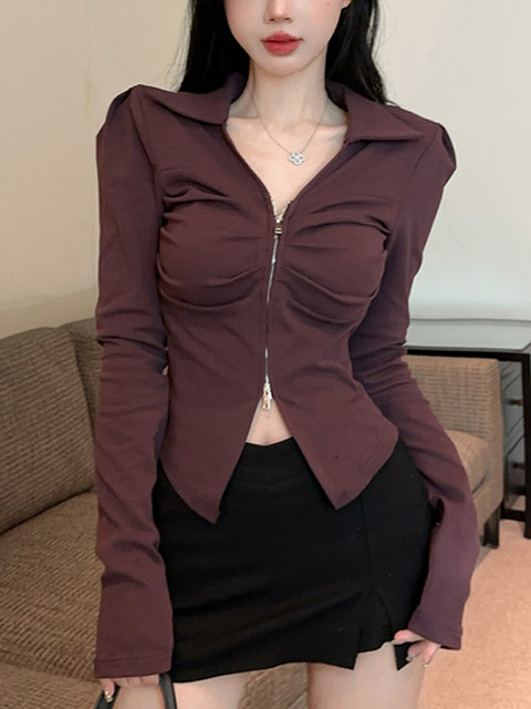 Spicy Girl Pure Desire Style Lapel Double Zipper Long-Sleeve T-Shirt for Women 2025 Autumn and Winter Pleated Design Waist-Cinching Slimming Top