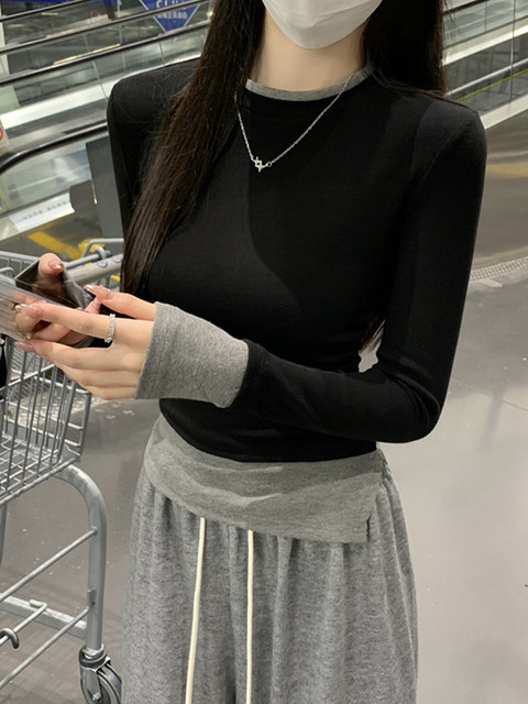 Retro Contrasting Color Splicing Fake Two-Piece Long-Sleeved T-Shirt for Women 2025 Autum Design with Black High-End Tops Underneath