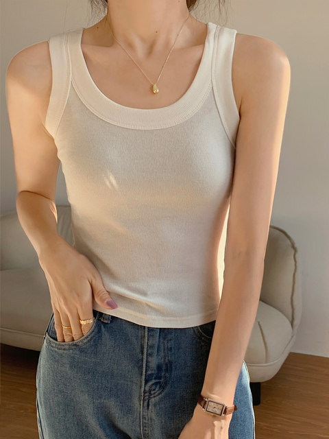 Basic Wide-Strap Ribbed Cotton Tank Top for Women, New Summer Korean Style Slim-Fit High-Waisted Sleeveless Short Top