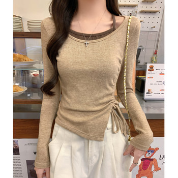 Color-Blocked Faux Two-Piece Unique and Beautiful Blouse for Women, Autumn Hong Kong Style Outfit with a Sense of Design, Drawstring, Pleated Slit Top