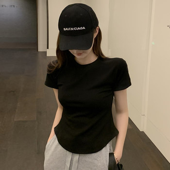 Hot Girl Black Short-Sleeved T-Shirt for Women Summer New Korean Style Slim Fit Irregular Round Neck Curved Hem Top Short Style