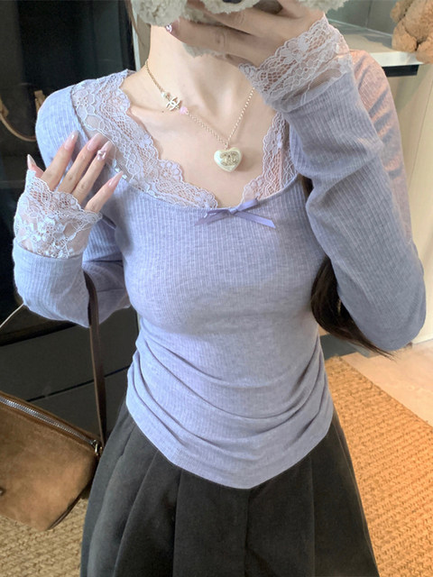 French-Style High-End Lace Patchwork Base Shirt for Women, 2025 Autumn and Winter, Purple, Pure Desire Style, Unique and Beautiful Long-Sleeve T-Shirt