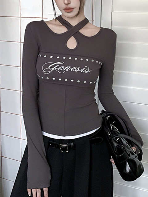 Sexy Hot Girl Cross Halter Neck Unique Letter Print T-Shirt for Women, Autumn and Winter Brushed Hollow Design Short Top