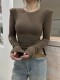 Autumn and Winter High-End Style Padded Shoulder Long-Sleeve T-Shirt for Women, Autumn Round-Neck Elegant Regular Shoulder Versatile Top for Petite Figures