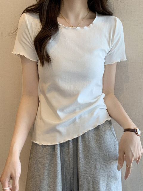 Ruffled Design Round Neck Versatile Short-Sleeve T-Shirt for Women, Summer New Style Petite Casual Top ins