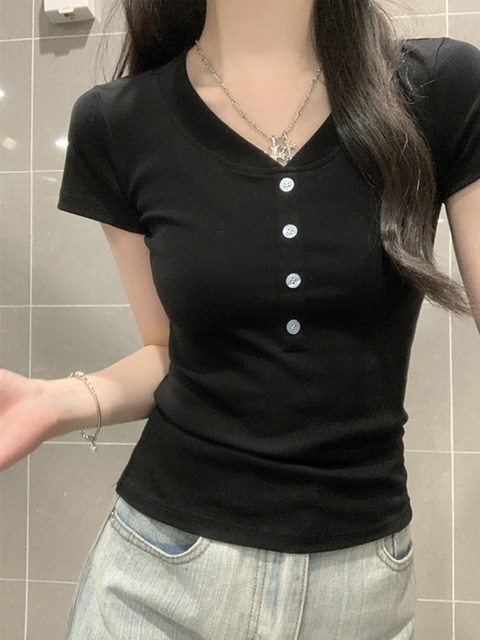 Solid Color V-Neck Simple Button Versatile Slim-Fit Short-Sleeve T-Shirt for Women, New Summer Hong Kong Style Hot Girl Short Top