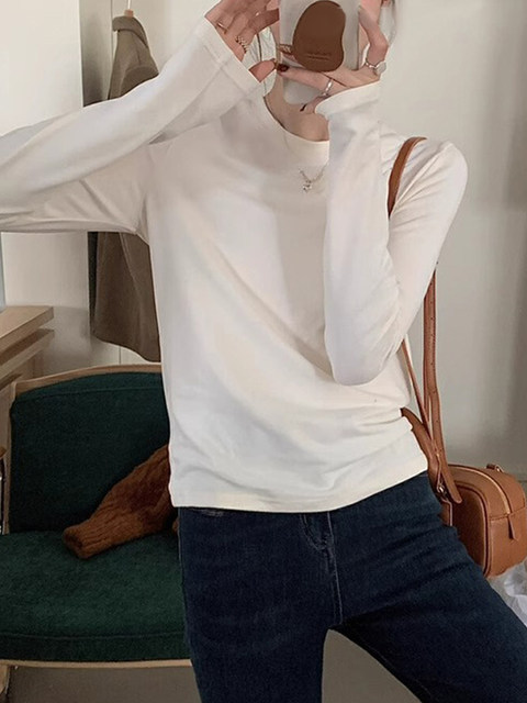 Solid Color Round Neck Long-Sleeve T-Shirt for Women, 2024 Spring New Style, Simple Basic Style, Soft and Comfortable Inner Layer Top ins