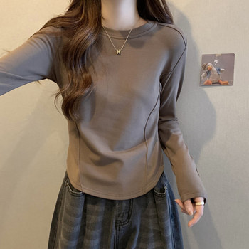Chic Fishbone Line Round Neck Long-Sleeved Bottoming Shirt for Women in Autumn and Winter New Design Curved Hem Brushed Short Top