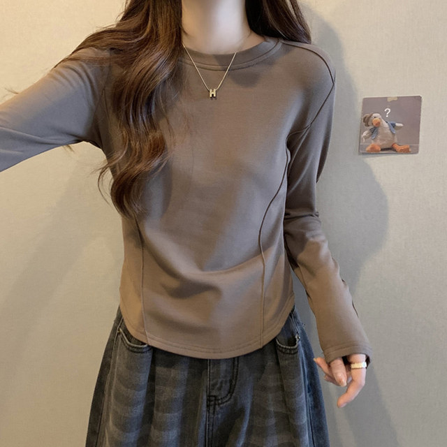 Chic Fishbone Line Round Neck Long-Sleeved Bottoming Shirt for Women in Autumn and Winter New Design Curved Hem Brushed Short Top