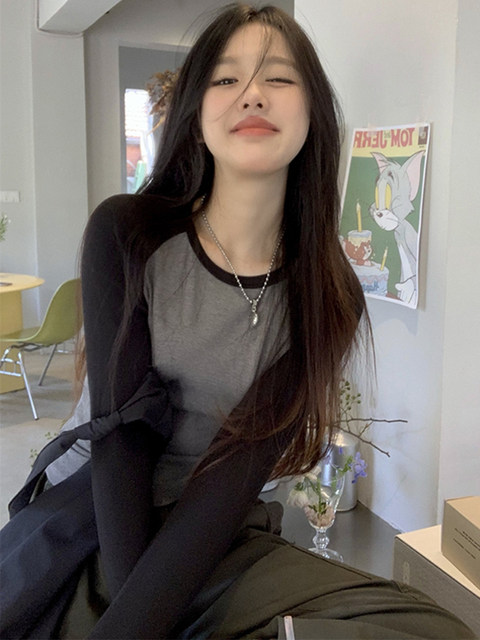 American-Style Spicy Girl Raglan Long-Sleeve T-Shirt for Women, 2024 Autumn New Color-Blocked Round Neck Tight-Fitting Versatile Base Shirt Top ins