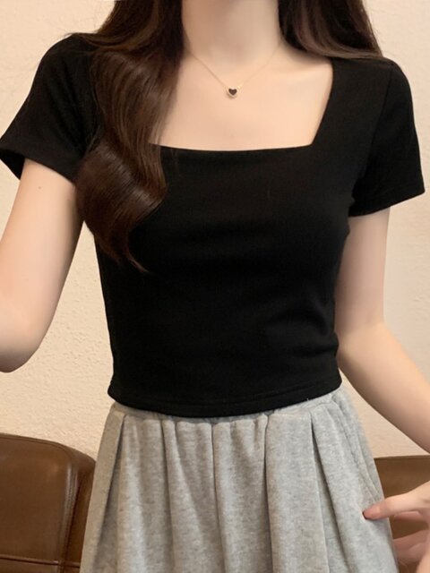 Square-Neck Spicy Girl Short Versatile Short-Sleeve T-Shirt for Women, 2025 Summer New Fashion Thin Design Stylish Top
