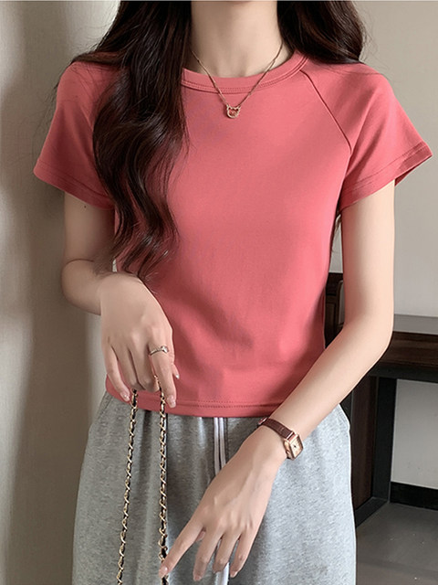 Korean Style High-End Short-Sleeved T-Shirt ins Women's 2025 Summer New Raglan Sleeve Round Neck Versatile Short Top
