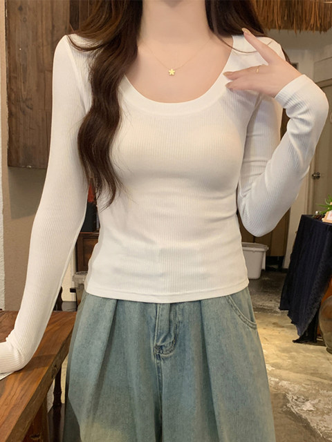 Hot Girl Style U-Neck Casual Versatile Long-Sleeve T-Shirt for Women, Spring White Round Neck Slim-Fit Slimming Base Shirt, Short Top