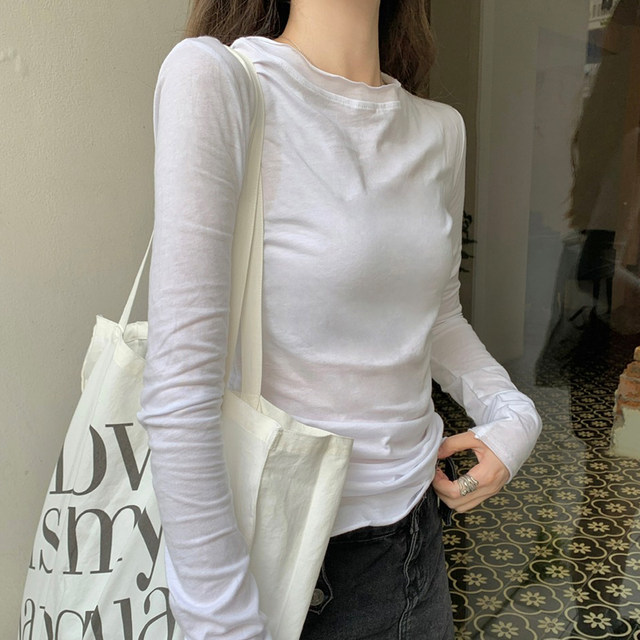 Chic Rolled-Edge Round-Neck Long-Sleeve T-Shirt for Women, New Spring and Autumn Thin Style, Simple White Slim-Fit Base Shirt ins