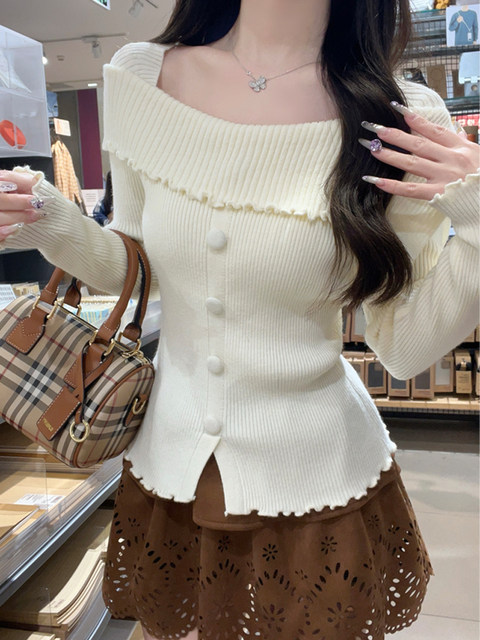 French-Style Sweet One-Line Neckline Ruffled Knit Top for Women, Spring Season, Button Design, Apricot Color, High-End Niche Top