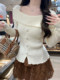 French-Style Sweet One-Line Neckline Ruffled Knit Top for Women, Spring Season, Button Design, Apricot Color, High-End Niche Top