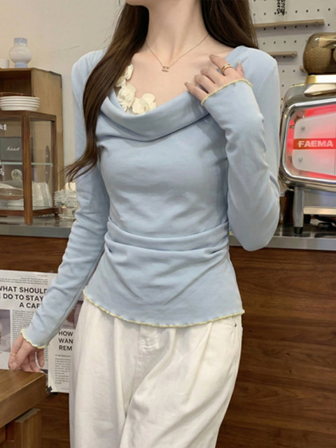 Korean-Style Chic 3D Floral Drape Collar Long-Sleeve T-Shirt for Women, Summer Fashion, Faux Two-Piece, Gentle and Slim-Fitting Top