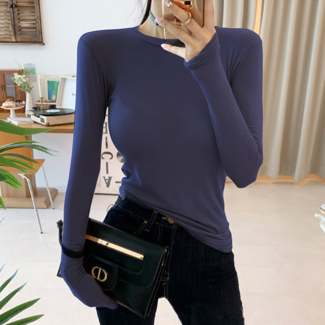 Pure Desire Style Round Neck Solid Color Mask T-Shirt for Women, Long Sleeve, Early Spring New Korean Version, Slim Fit, Stretchy, Figure-Flattering Top ins