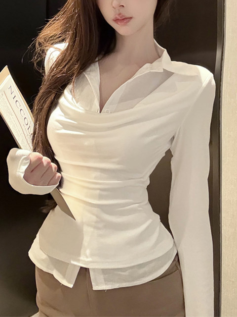 2026 Spring Style Pure Desire Hot Girl Fake Two-Piece Polo Collar T-Shirt for Women with Unique and Distinctive Design, Pleated Patchwork Shirt