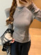 Korean Style Gentle Half-High Collar Puff Sleeve T-Shirt for Women, Autumn and Winter Brushed Fleece with Pleated Design Long-Sleeve Top ins