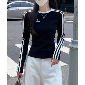 Sports Style Contrasting Color Raglan Striped Long-Sleeved T-Shirt for Women, New Autumn Korean Style Design, Black High-End Top