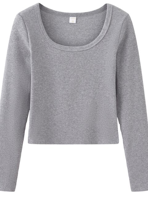 Korean Style Simple Gray Round Neck Ribbed Long-Sleeve T-Shirt for Women 2025 Autumn and Winter Sweet and Spicy Girl Style Brushed Base Top