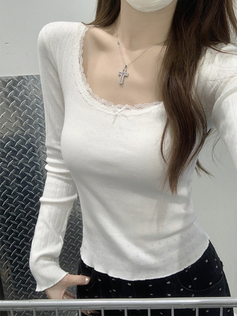 Fashionable Age-Reducing Lace Patchwork Versatile Base Shirt for Women, Long-Sleeved T-Shirt, Autumn Pure Desire Short Chic Base Top