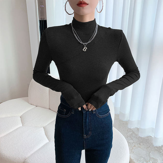 Chic Patchwork Half-High Collar Fleece-Lined Base Shirt for Women, 2023 Early Spring New Slim-Fit Brushed Long-Sleeve T-Shirt Top ins