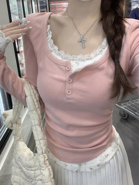 Sweet Girl Color-Block Lace Floral Long-Sleeve T-Shirt for Women, New Autumn Style with Button Pleats and Unique Design