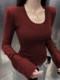 New Year Red Brushed Shoulder Pad Long-Sleeve T-Shirt for Women 2025 Winter, Sexy Short Top That Exposes Collarbone ins