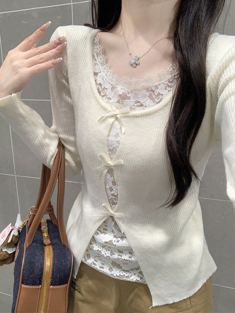 Lace Splicing Fake Two-Piece Bow Square-Neck Knit Top for Women, Super Pretty and Unique with a High-End Feel, Stunning Top for Autumn