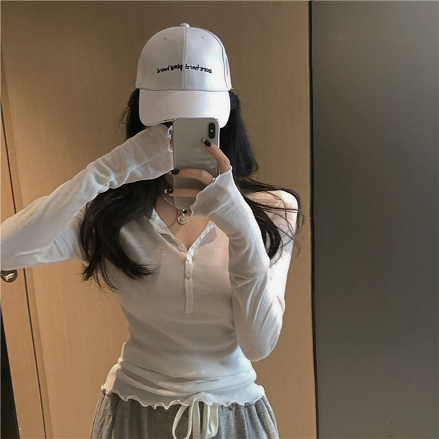 Trendy Ruffled Half-Open Collar Button-Up Mask T-Shirt for Women, Long-Sleeved, New Autumn and Winter Slim-Fit Base Shirt Top