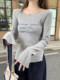 American-Style Spicy Girl Sexy Off-Shoulder Letter Embroidery T-Shirt for Women, Autumn Slit Flared Sleeve Knit Top ins