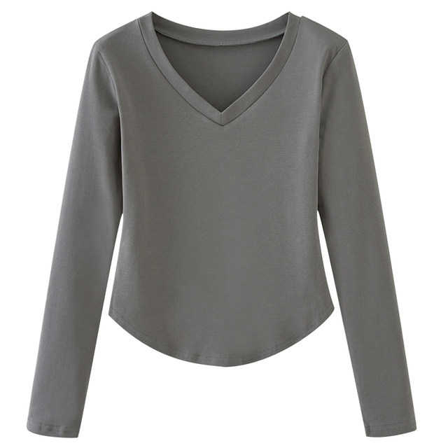Designed with an Arc-Shaped Hem, V-Neck Long-Sleeve Base Shirt for Women, New Autumn Korean Style, Black Slim-Fit Slimming Inner T-Shirt