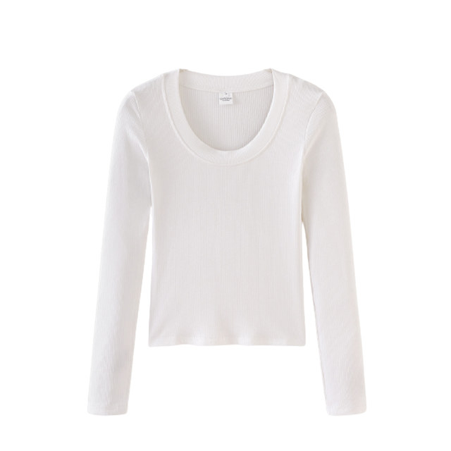 Korean Style U-Neck Collarbone-Exposing Long-Sleeve Base Shirt for Women, 2023 Early Autumn New Simple White Short Top ins