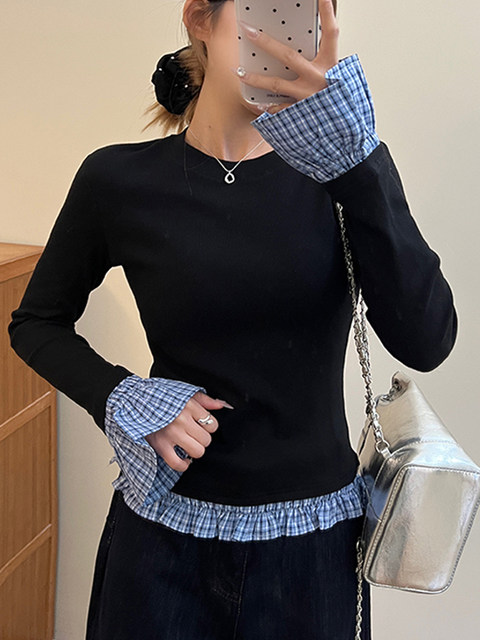 Color-Blocked Faux Two-Piece Polka Dot Lace Bell-Sleeve T-Shirt for Women, Spring Long-Sleeve Slim-Fit High-End Niche Unique Top