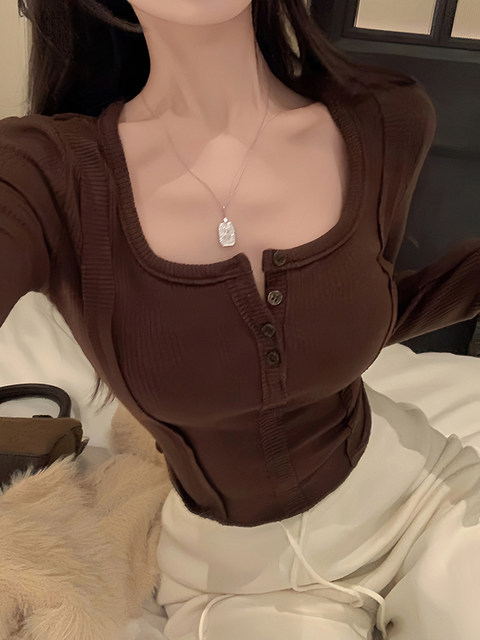 Sexy pure desire U-neck long-sleeved t-shirt for women in autumn and winter new inner layering shirt slim square collar navel-baring short top