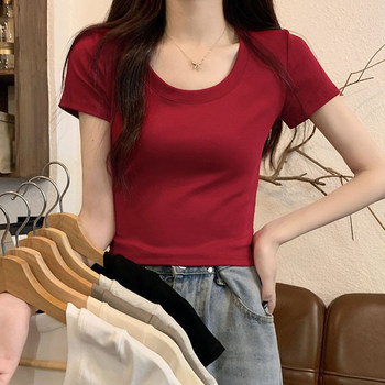 Burgundy Short-Sleeved T-Shirt for Petite Women, Showing Collarbone, Summer New Fashion, Low Round Neck, Regular Shoulder, Short Top ins