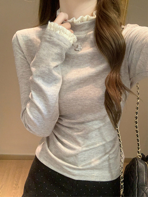 Korean Style Sweet Half-High Collar Lace Patchwork T-Shirt for Women 2025 Early Autumn Design Double-Sided Cashmere Slim Fit Top