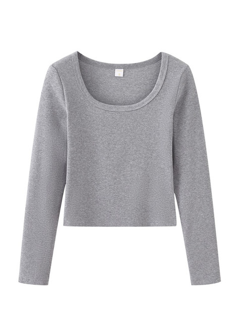 Solid Color Simple Round Neck Base Shirt for Women 2025 Autumn and Winter Petite Style Showing Collarbone Slim Fit Brushed Short Top ins