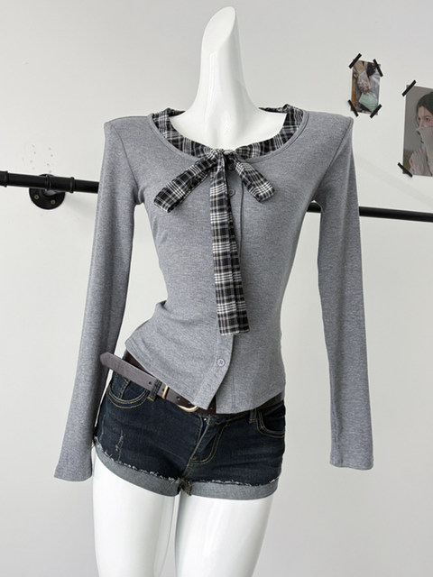Gray High-End Faux Two-Piece Plaid Patchwork Blouse for Women, New Spring and Autumn Style with Bow Tie and Unique V-Neck Top