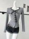 Gray High-End Faux Two-Piece Plaid Patchwork Blouse for Women, New Spring and Autumn Style with Bow Tie and Unique V-Neck Top