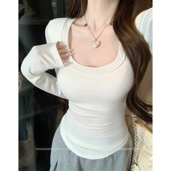 Purely Sexy Hot Girl T-Shirt with Chest Pads, Brushed Fleece, U-Neck, Exposed Collarbone, Very Beautiful, Waist-Cinching Top for Women in Autumn and Winter