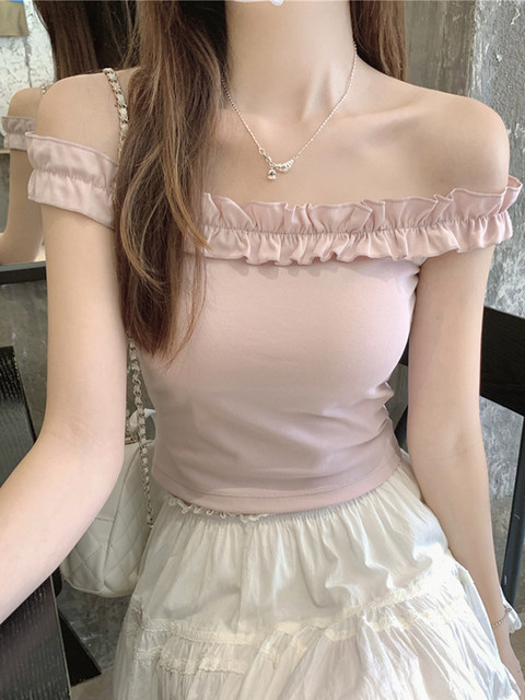 Korean Chic Style Pure and Alluring Off-Shoulder Camisole for Women, Summer 2025, with Chest Pads and Ruffled Edges, Sweet and Spicy Top