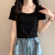 Korean Style Square Neck Collarbone-Exposing Short-Sleeved T-Shirt for Women, New Summer Style, Simple Solid Color, Slim Fit, Versatile Short Top