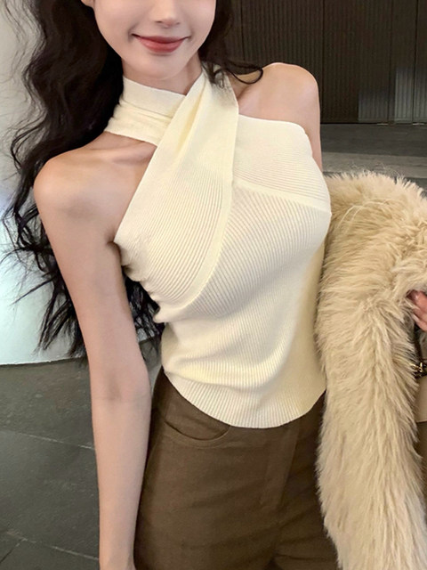 Sexy and Chic One-Shoulder Knitted Vest for Women 2024 Winter Cross-Knotted Halter Top with Multiple Ways to Wear