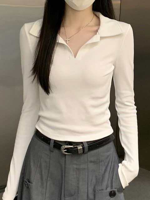 White Designer Polo Collar Unique Base Shirt for Women 2025 Early Autumn Simple Inner Wear Regular Shoulder Slim Fit Top