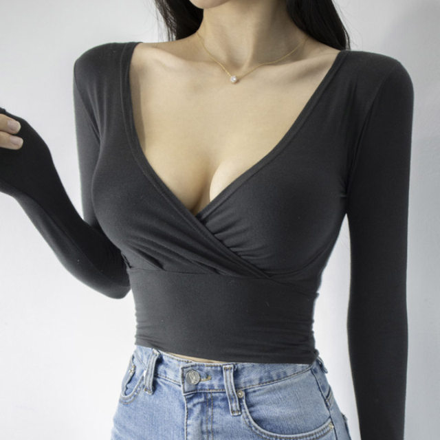 Purely Sensual and Sexy, Deep V-Neck Long-Sleeved T-Shirt for Women, Early Spring New Korean Style Slim-Fit High-Waisted Crop Top